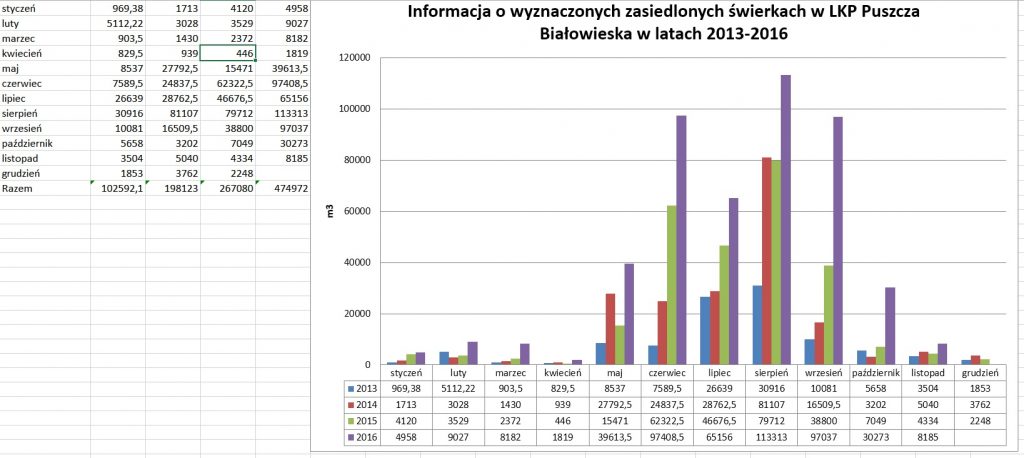 Wykres ukazuje, w jakim tempie rośnie liczba martwych świerków, fot. RDLP w Białymstoku